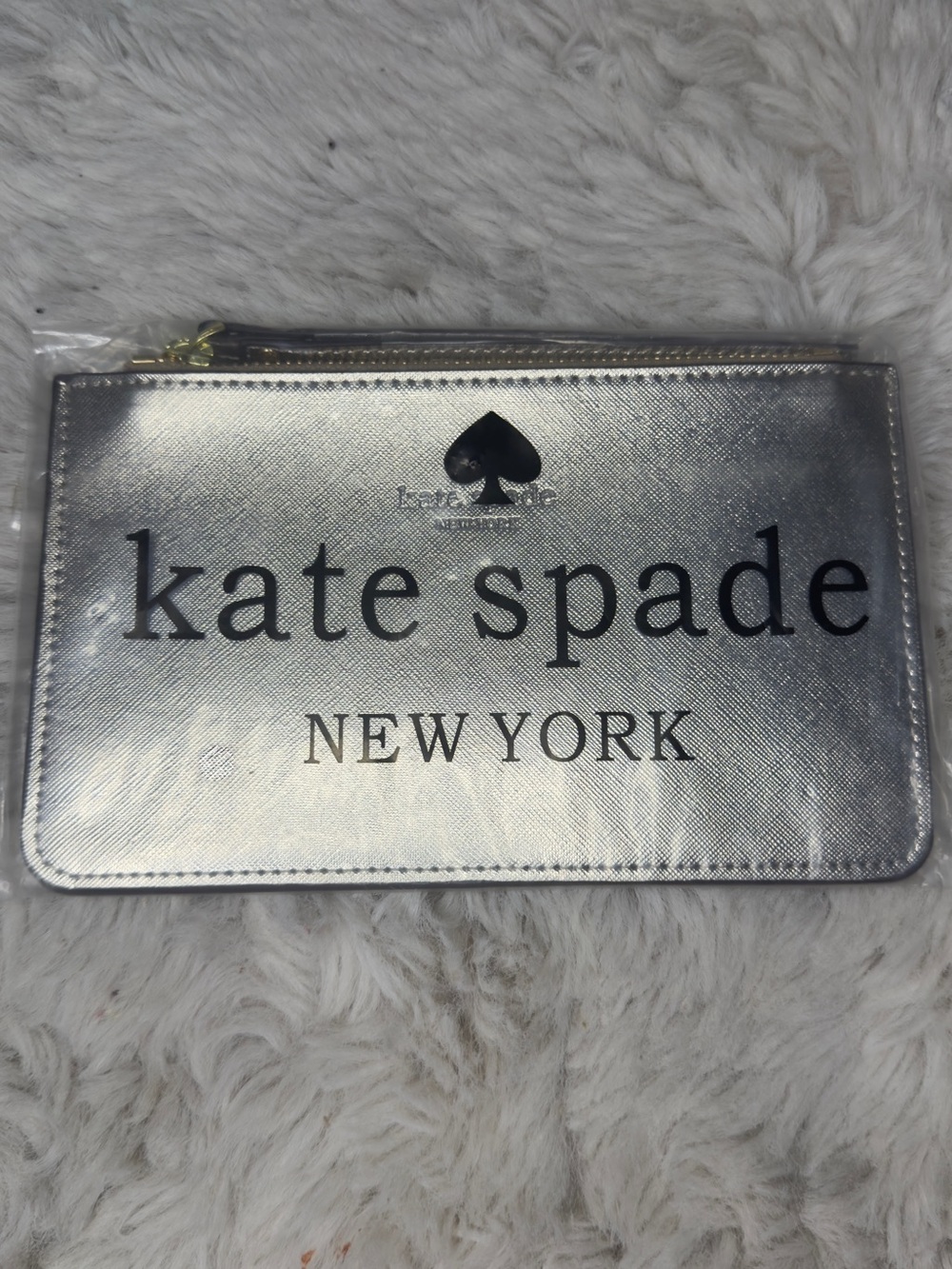 kate spade Silver Metallic Logo Zip Card Case